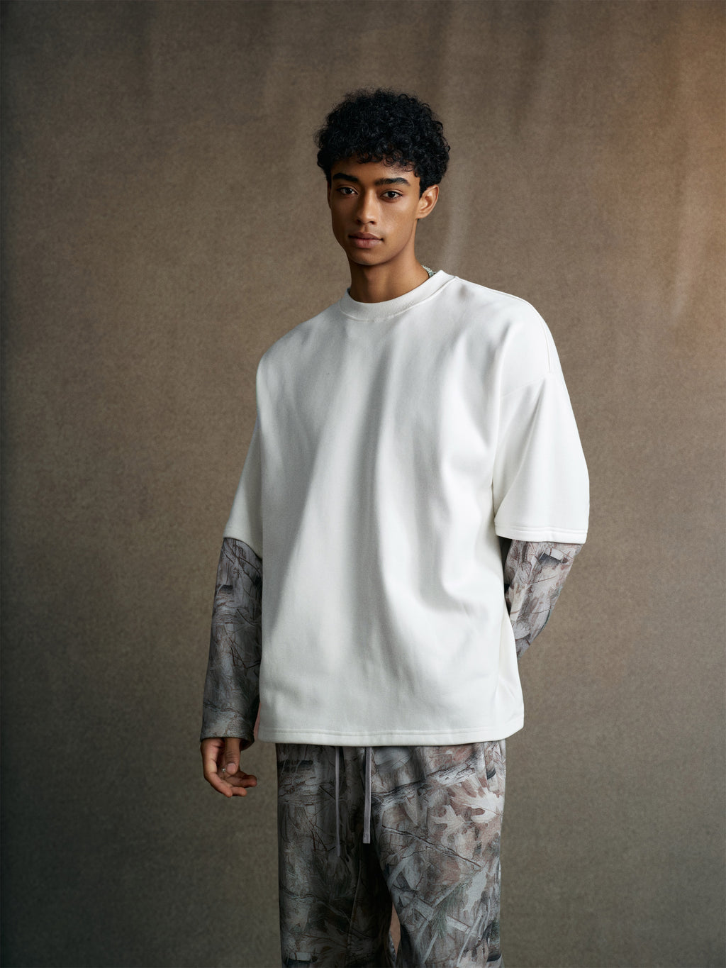 340GSM Men’s Heat Transfer Desert Camouflage Layered Look Long-Sleeve Branch Camouflage